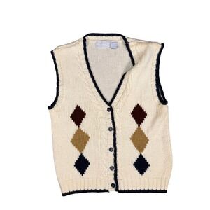 Vintage Intuition‎ Cream Argyle Knit V Neck Button Up Vest Women's Medium